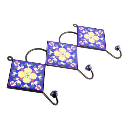Navy Blue And Yellow Ceramic Floral Tiles Hooks
